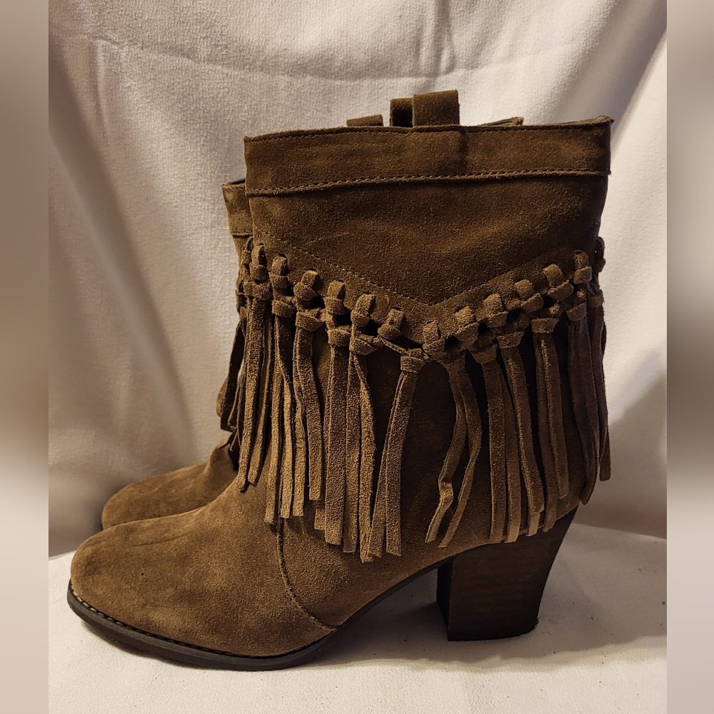 Suede Fringe Ankle Booties in Brown